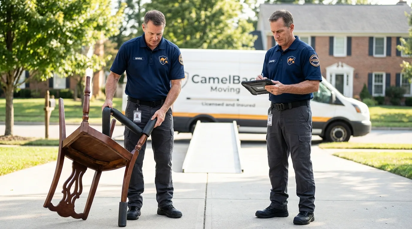Movers inspecting furniture for damage prevention before loading in Millersburg, OH