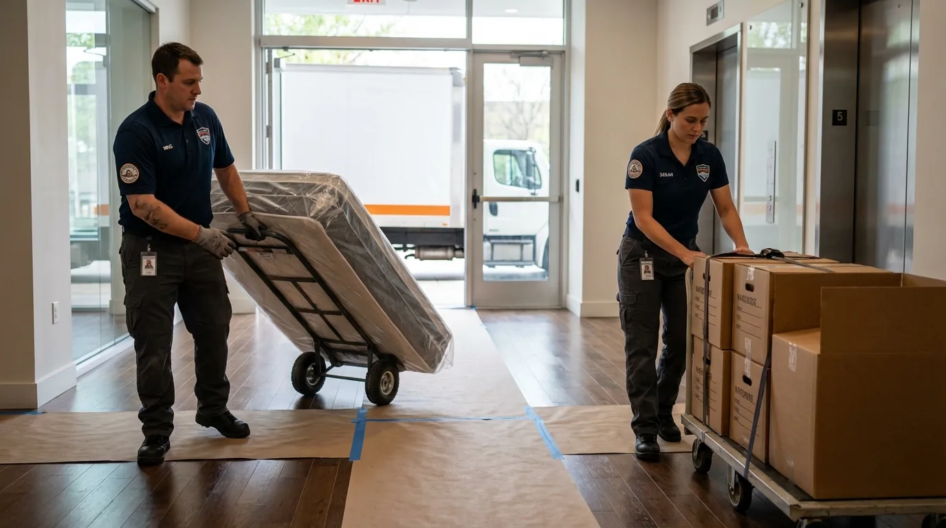 Professional apartment movers loading elevator in Millersburg, OH